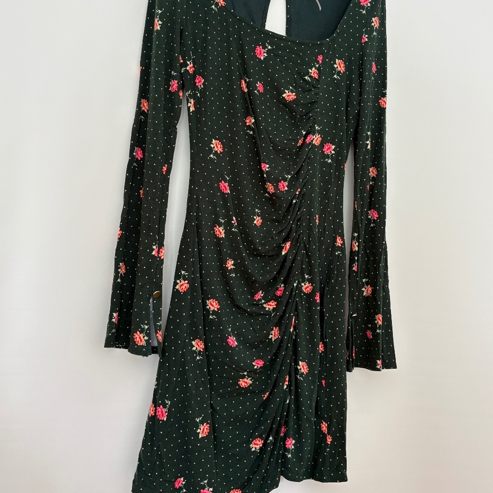 Free People Green Bell Sleeve Green Floral Mini Dress (XS)